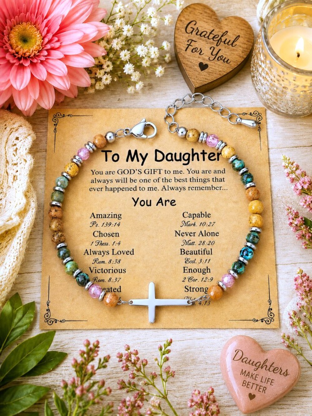 To My Daughter Cross Bracelet Christian Gift Faith Jewelry Inspirational Scriptu
